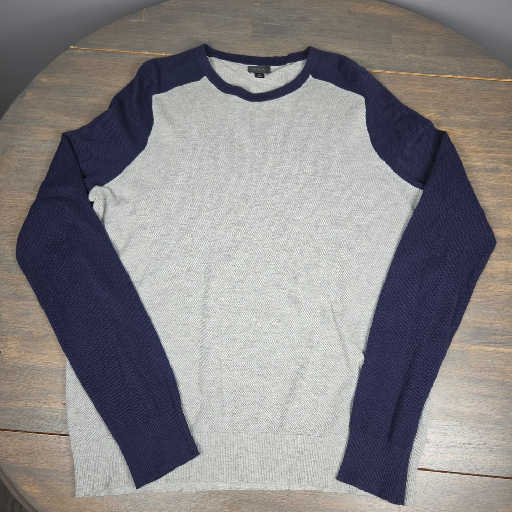 J.Crew Men's Large Sweater Cotton Cashmere Pique Crewneck Raglan Knit Gray Navy